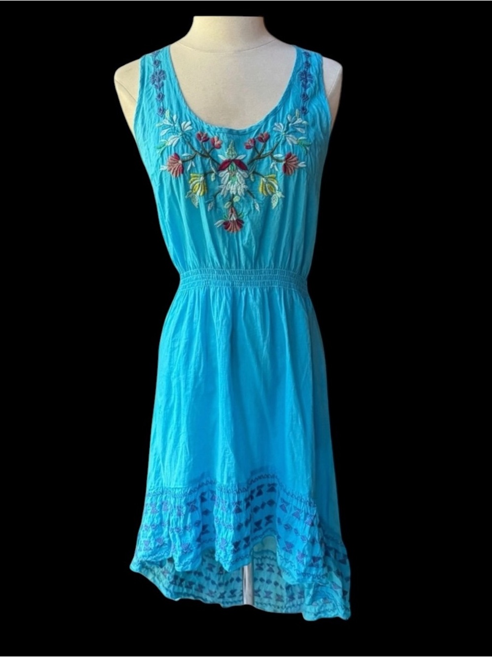 Johnny Was Floral Embroidered Sleeveless Smocked Waist Rayon High Low Dress